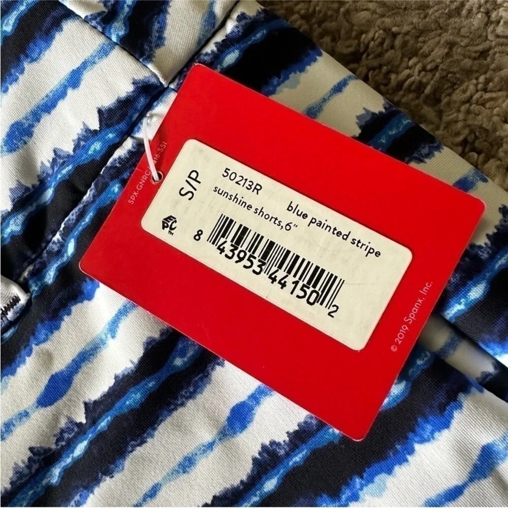 NWT Spanx 6” Sunshine Athletic Shorts Blue Painted Stripe